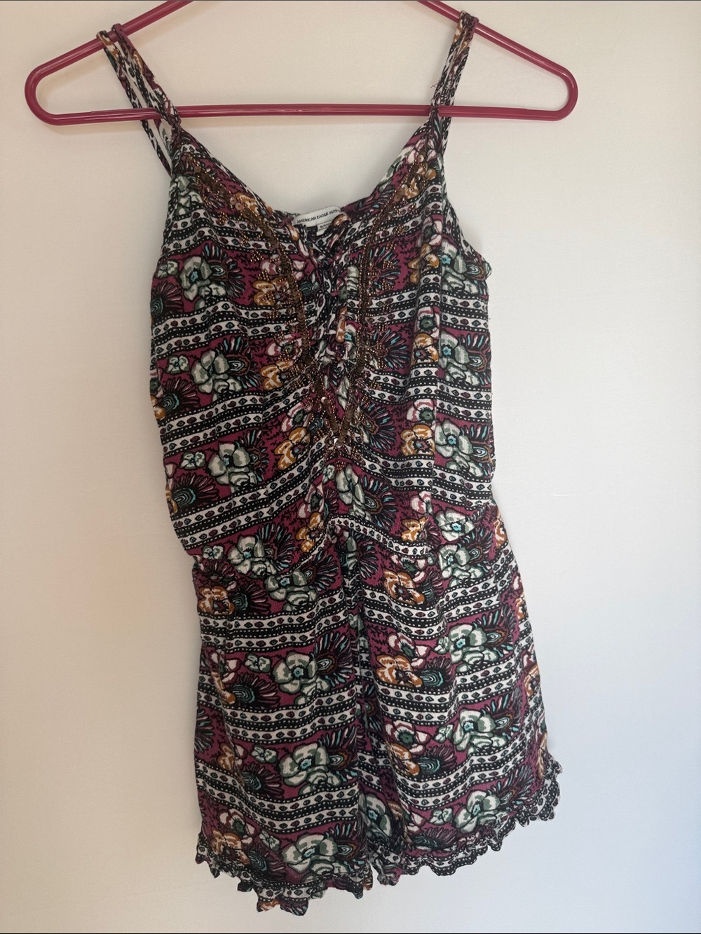 American Eagle Outfitters Burgundy Multi Floral Beaded Sequin Romper